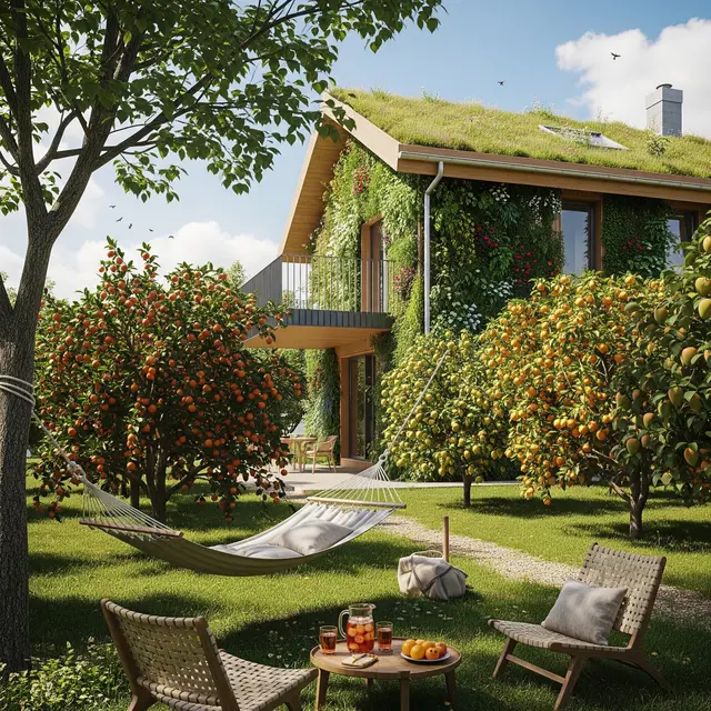 Desain Rumah Sejuk dengan Kebun Buah Campuran dan Area Santai (Gemini AI)