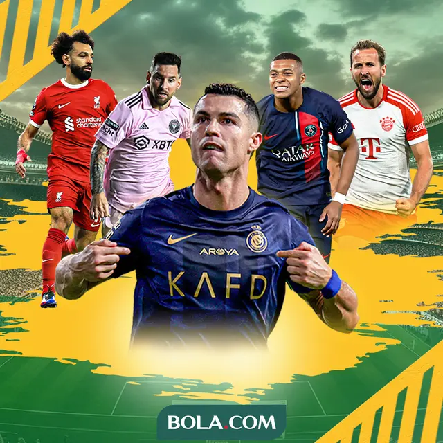 Ilustrasi - Cristiano Ronaldo Dikellingi Harry Kane, Kylian Mbappe, Mohamed Salah, dan Lionel Messi