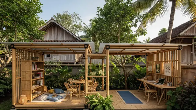 Inspirasi Gazebo Bambu Modern di Halaman Rumah Kampung