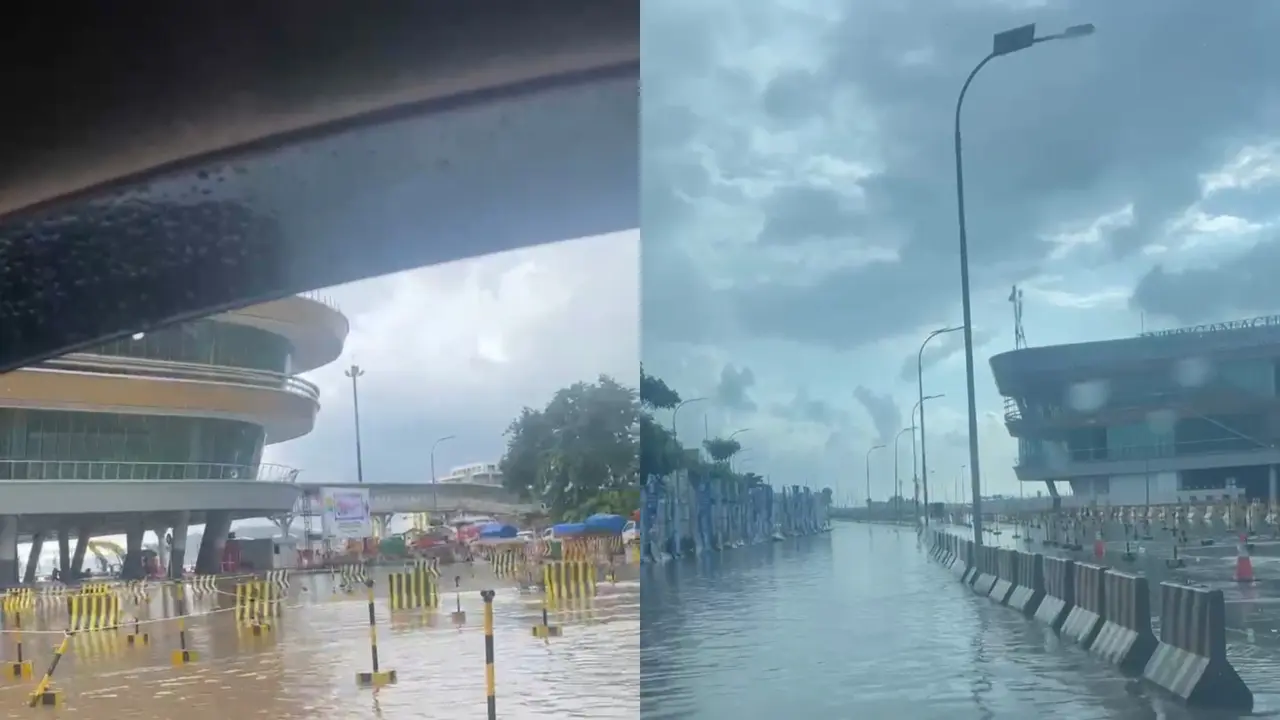 Tangkapan layar rekaman video warga memperlihatkan Pelabuhan Bakauheni, Lampung Selatan banjir. Foto : (Istimewa).