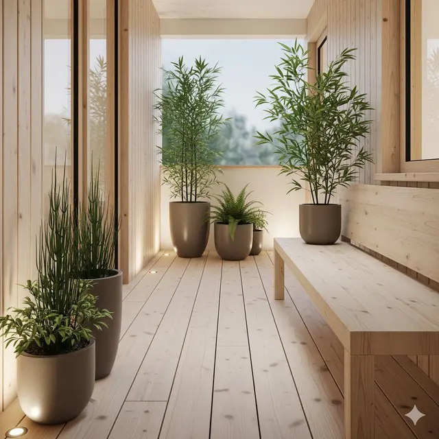 Teras Japandi dengan Aksen Kayu dan Tanaman Hijau