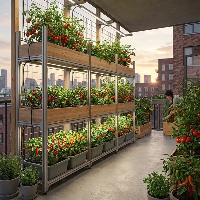 Kebun Tomat dan Cabai di Rak Vertikal Modular/Ilustrasi Gemini AI