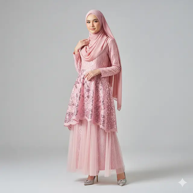 Gamis Pesta Kombinasi Brokat Full Payet. (via Gemini)