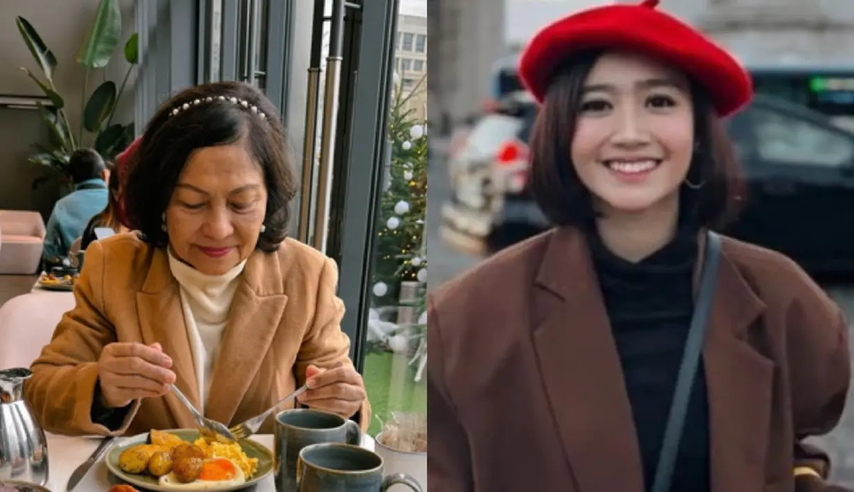 Febby dan sang ibunda pun tampil serasi dengan coat coklat. Febby tampil gemas mengenakan baret merahnya.  [@febbyrastanty]