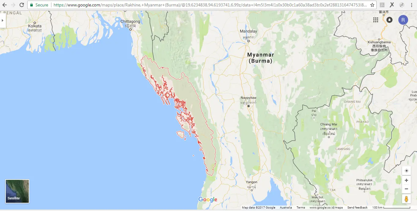 (garis merah) Negara Bagian Rakhine di Myanmar (Google Maps)