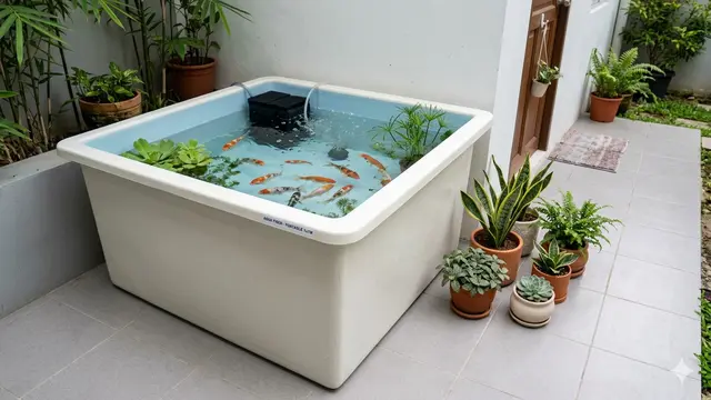 Desain Kolam Ikan Portabel Fiberglass untuk Rumah Kontrak. Gemini