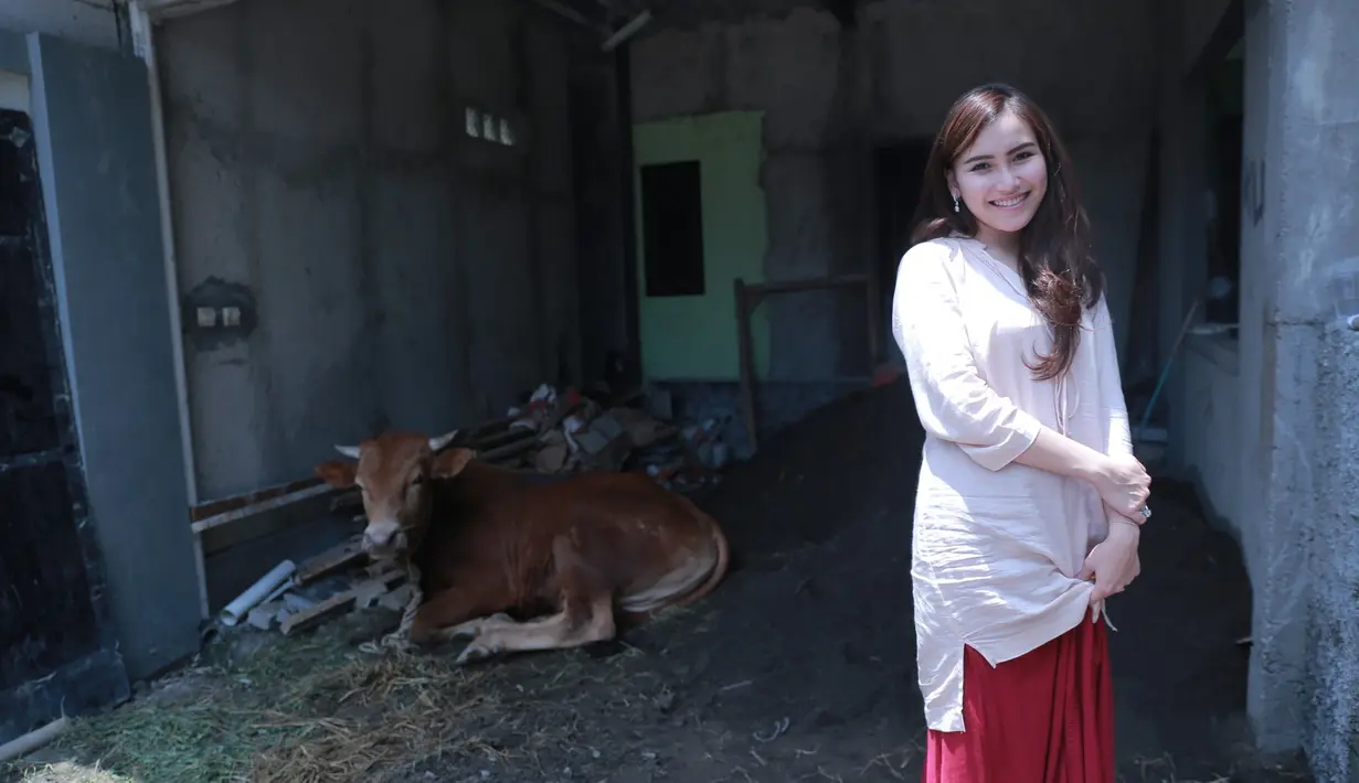 Saat ditemui di kediamannya, di kawasan Depok, Ayu Ting Ting terlihat ikut membantu memotong dan membagikan daging sapi yang telah disebelih. (Adrian Putra/Bintang.com)