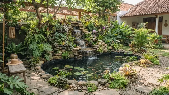 Ide desain kolam ikan cantik model informal pond and falls