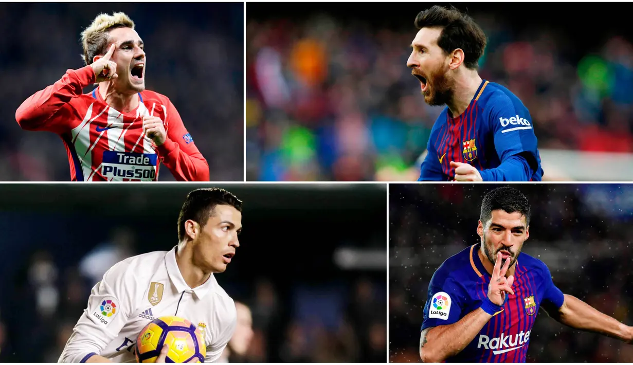 Berikut ini top scorer sementara La Liga musim 2017/2018 hingga pekan ke-27. Lionel Messi masih teratas dengan torehan 23 gol. (Kolase foto-foto AP dan AFP)
