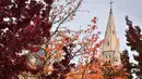Gambar 18 Oktober 2018 menunjukkan gereja Sainte-Bernadette saat daun-daun yang berguguran jatuh di Orvault, Prancis. Musim gugur ditandai dengan perubahan warna daun serta bergugurannya daun-daun dari pohonnya. (LOIC VENANCE/AFP)