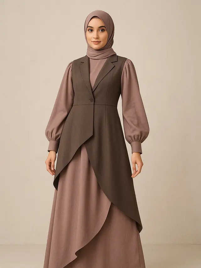 Model Gamis Kombinasi Rompi Panjang Lengan Balon