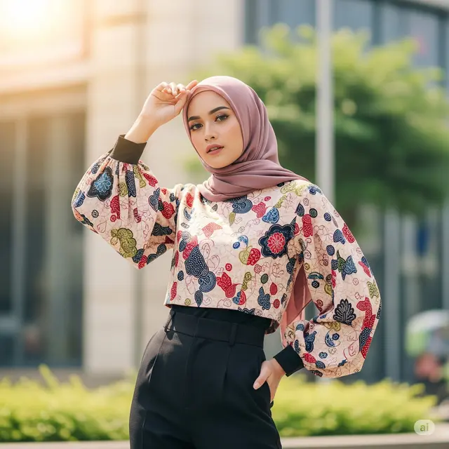 Crop Top Batik Lengan Balon + High-Waist Trousers