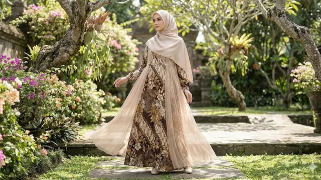 Gamis Batik A-Line dengan Layering Tile Polos (Gemini AI)