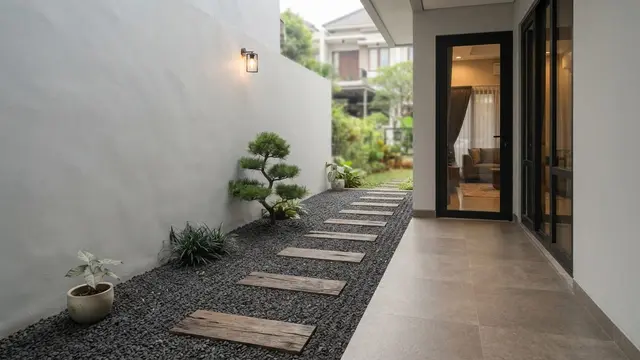 Teras Rumah 1,5 Meter dengan Taman Kering di Sepanjang Dinding