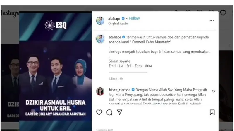 Istri Ridwan Kamil, Atalia Praratya Unggah Video Zikir Kirim Doa untuk Eril