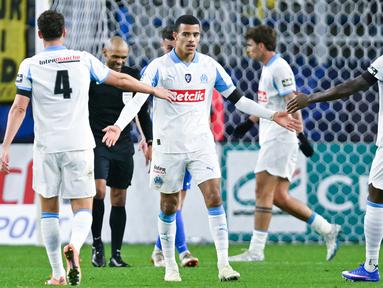 Mason Greenwood memimpin pesta gol Marseille dalam laga Coupe de France. Penyerang asal Inggris itu mencetak hat-trick saat timnya membantai Bayeux dengan skor telak 9-0. (AFP/Lou Benoist)