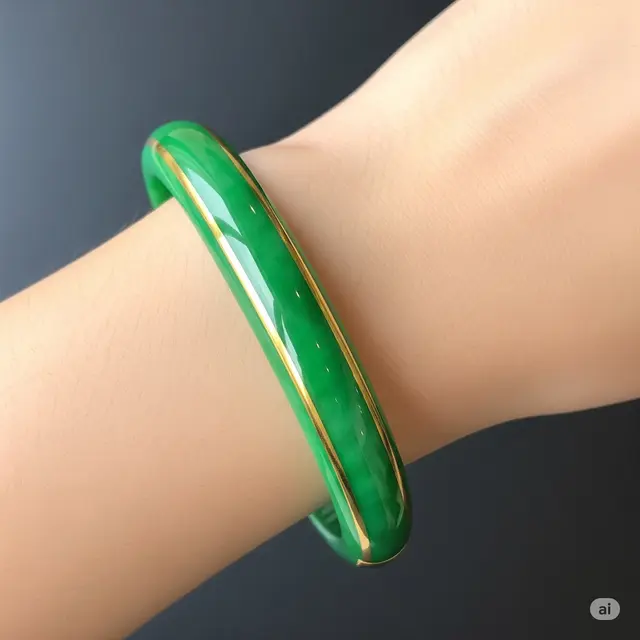 Gelang Giok Bangle Polos dengan Aksen Emas Tipis