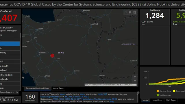 Peta persebaran Virus Corona COVID-19 di Iran per Jumat 20 Maret 2020 pukul 12.00. (https://gisanddata.maps.arcgis.com/)