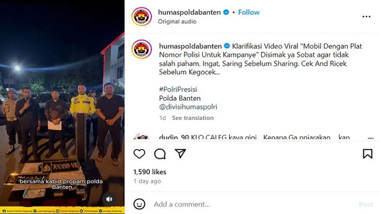 Viral mobil berplat dinas polri diduga digunakan untuk kampanye di Tangerang. (Instagram @humaspoldabanten)