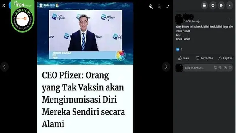 Gambar Tangkapan Layar CEO Pfizer Albert Bourla Sebut Orang Tak Divaksin akan Mengimunisasi Diri Mereka Sendiri (sumber: Facebook).