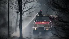 Seorang petugas pemadam kebakaran menyemprotkan air ke pohon selama kebakaran hutan di Saumos, pinggiran barat Bordeaux, Prancis barat daya (13/9/2022). Kebakaran yang berlangsung sejak 12 September 2022 telah menyebar sekitar 1800 hektar vegetasi dan hutan di Saumos dan memaksa evakuasi kota dalam konteks suhu tinggi di Gironde. (AFP/Philippe Lopez)