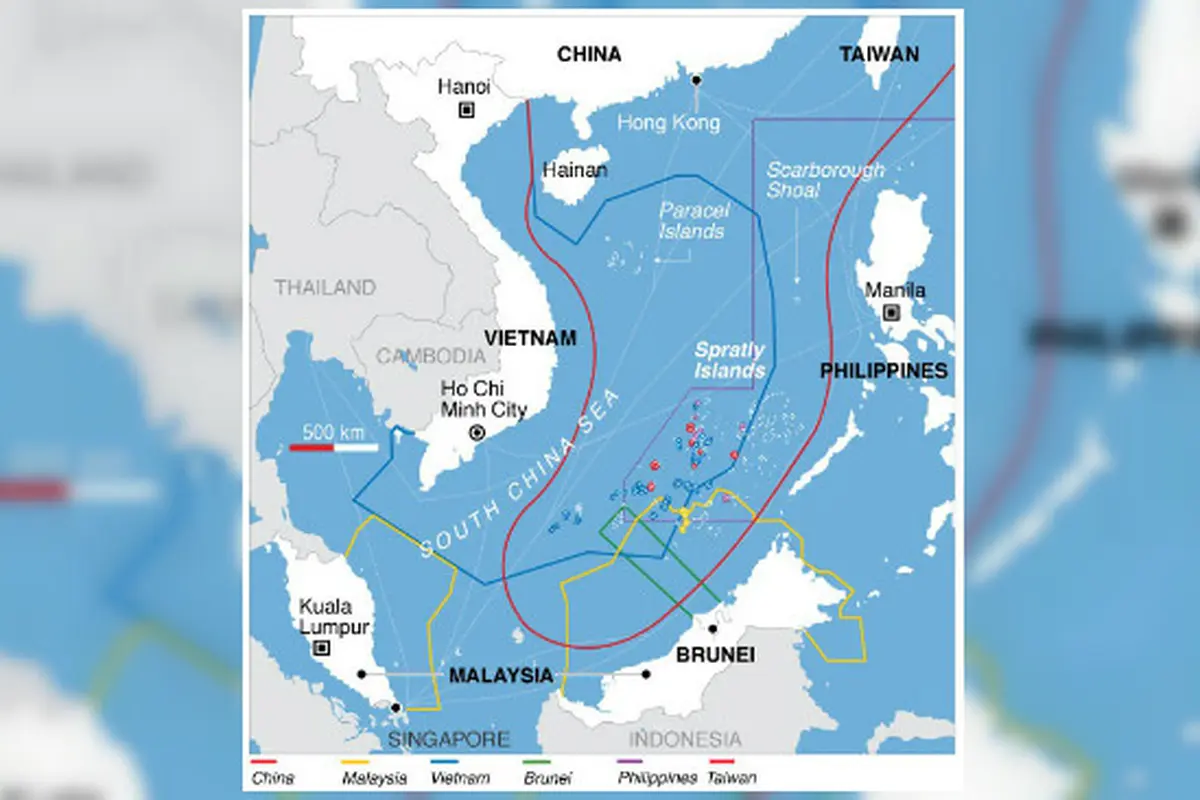klaim tumpang tindih negara-negara Asia Tenggara, China, dan Taiwan atas Laut China Selatan (VOA Wikimedia Commons) 2