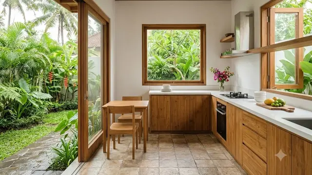 Dapur Kayu Minimalis dengan Bukaan Lebar