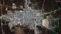 Gambar Citra satelit menunjukkan gambaran kerusakan bangunan kota dan daerah sekitarnya di Jindires, Suriah, pada Sabtu, 11 Februari 2023, setelah gempa bumi. Terjadi kerusakan signifikan pada infrastruktur kritis di seluruh wilayah setelah bencana gempa bumi melanda 6 Februari 2023. (Satellite image ©2023 Maxar Technologies via AP)