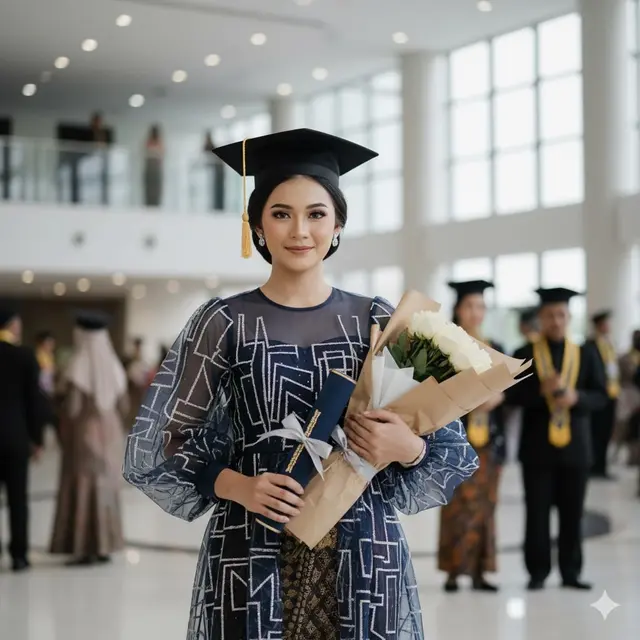 Kebaya Organza Navy dengan Bordir Geometris
