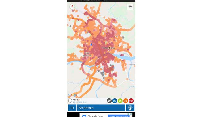 Coverage jaringan 4G dan 4G+ Smartfren di Palembang menggunakan aplikasi nPerf. (Liputan6.com/ Agustin Setyo W)