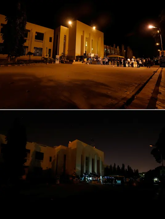 Foto kombinasi menunjukkan Majelis Provinsi Sindh sebelum (atas) dan selama Earth Hour di Karachi, Pakistan, Sabtu (30/3). (REUTERS/Akhtar Soomro)