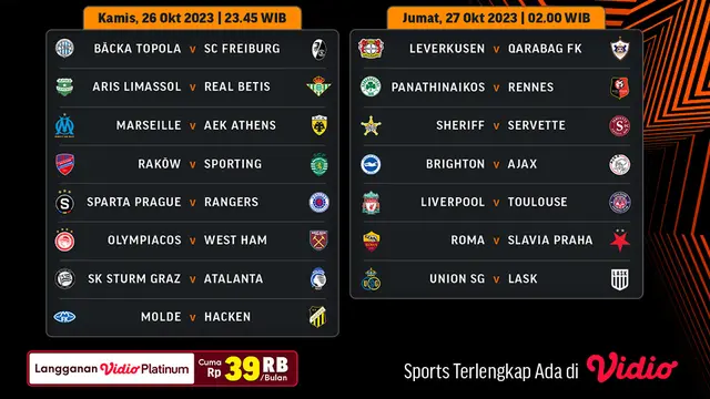 Jadwal dan Link Streaming UEL 2023/24 Group Stage Week 3 di Vidio
