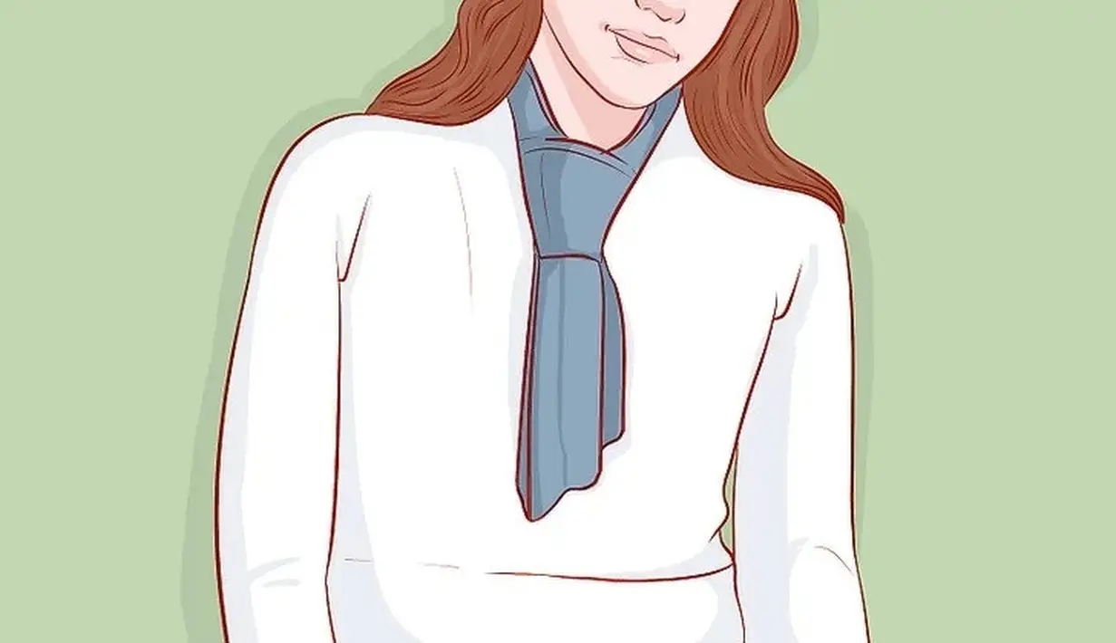 Ini adalah gaya modern seperti dasi. Lipat syal menjadi dua bagian, lalu gulung hingga menjadi satu garis lurus. Lilitkan di leher dan ikat ujung yang longgar menjadi satu dengan simpul tepat di atas tulang dada. Sesuaikan hingga terlihat seperti dasi. Foto: Wikihow.
