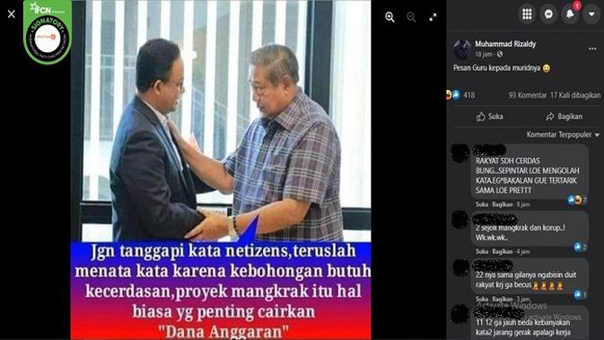 Gambar Tangkapan Layar Foto yang Diklaim SBY Pesan ke Anies Cairkan Dana Anggaran (sumber: Facebook).