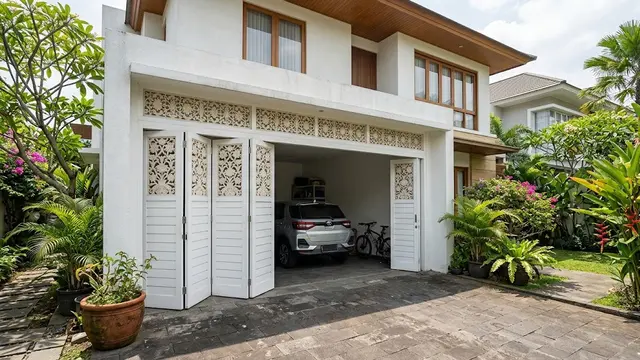 Pintu Garasi Lipat Putih dengan Roster Bermotif Bunga