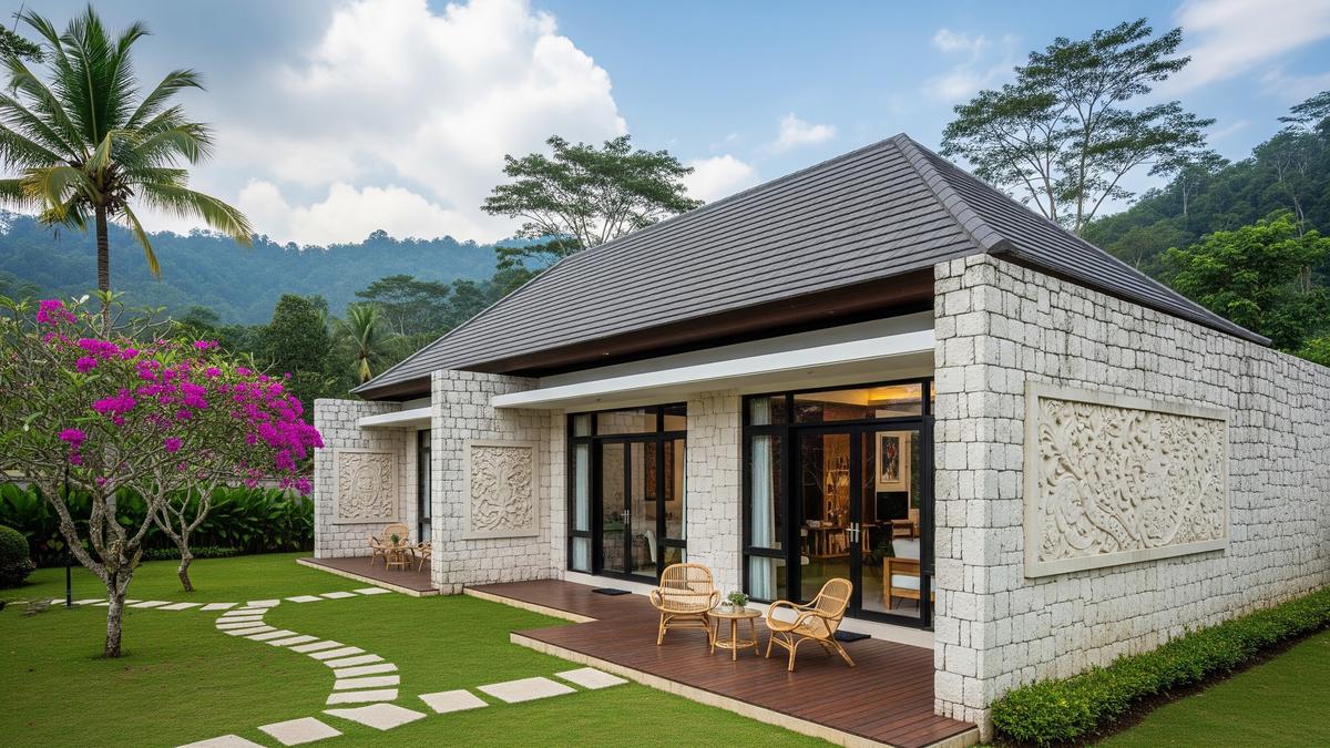 7 Inspirasi Rumah Kampung dengan Batu Paras Putih dan Atap Limas Modern