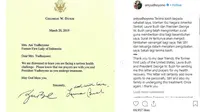 Mantan Ibu Negara Ani Yudhoyono mengunggah surat dari mantan Presiden Amerika Serikat George W Bush dan istrinya di akun instagram pribadinya. (foto: akun instagram aniyudhoyono)
