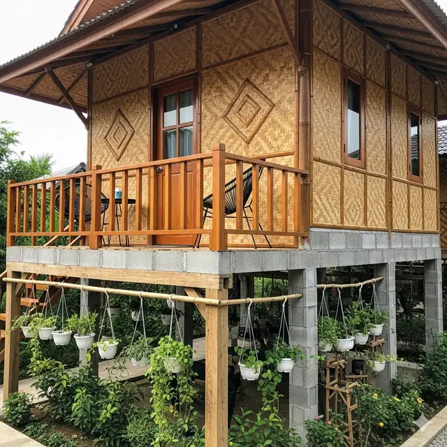 Model Rumah Kecil Tapi Cantik 4x6 Meter dari Batako dan Bambu dengan Teras dan Taman Mini (Image by Gemini)