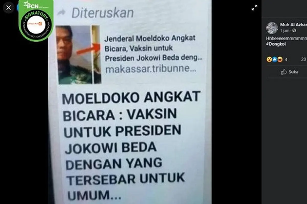 Gambar Tangkapan Layar Klaim Moeldoko Menyebut Vaksin untuk Presiden Jokowi Berbeda dengan yang Tersebar di Masyarakat (sumber: Facebook)