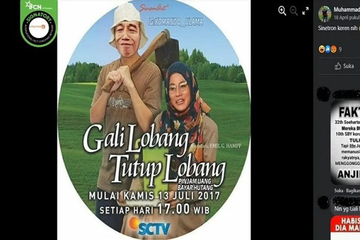 Gambar Tangkapan Layar Foto yang Diklaim poster sinetron berjudul Gali Lobang Tutup Lobang Bergambar Wajah Jokowi dan Sri Mulyani (sumber: Facebook)