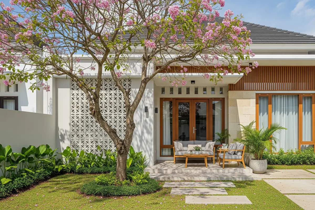 Desain Rumah Modern Terang dengan Teras Mini, Tabebuya dan Roster Estetik