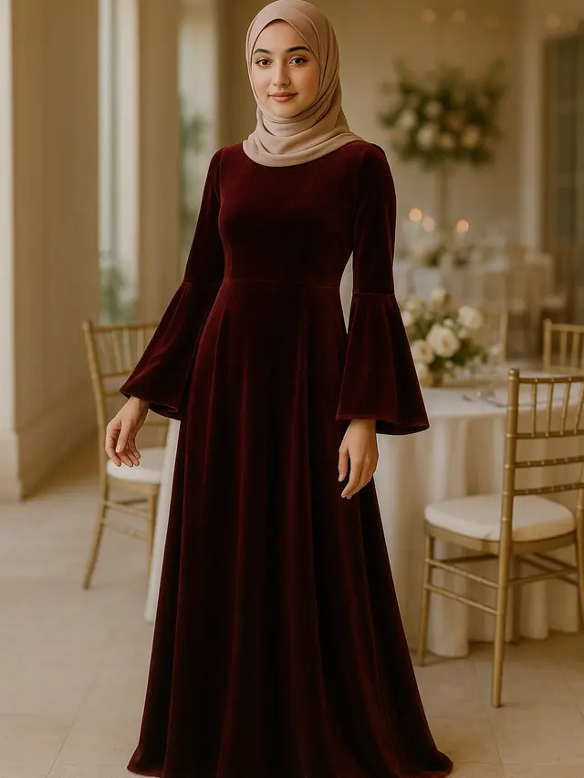 Long Dress Lengan Flare Bahan Velvet