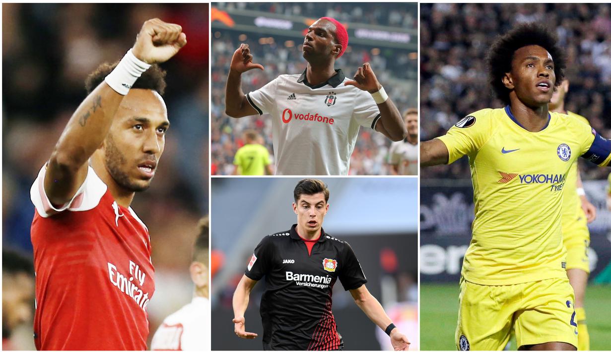 Berikut ini daftar top scorer sementara Liga Europa 2018/2019. Pierre-Emerick Aubameyang, Wissam Ben Yedder dan Ever Banega berada di posisi atas dengan koleksi 2 gol. (Foto-foto Kolase AP dan AFP).