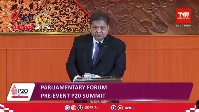 Menteri Koordinator Bidang Perekonomian Airlangga Hartarto dalam sambutannya di acara Parliamentary Forum in the Context of the G20 Parliamentary Speaker’s Summit (P20), Rabu (5/10/2022).