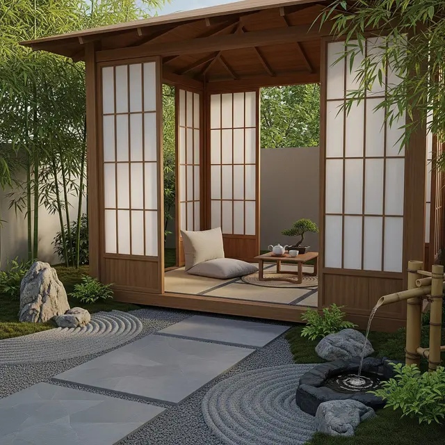 Desain Halaman Belakang Rumah Kecil dengan Gazebo Mini  (Image by Gemini)