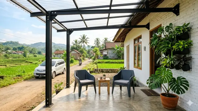 Desain Teras Rumah Desa Agar Tidak Terlihat Kuno. AI