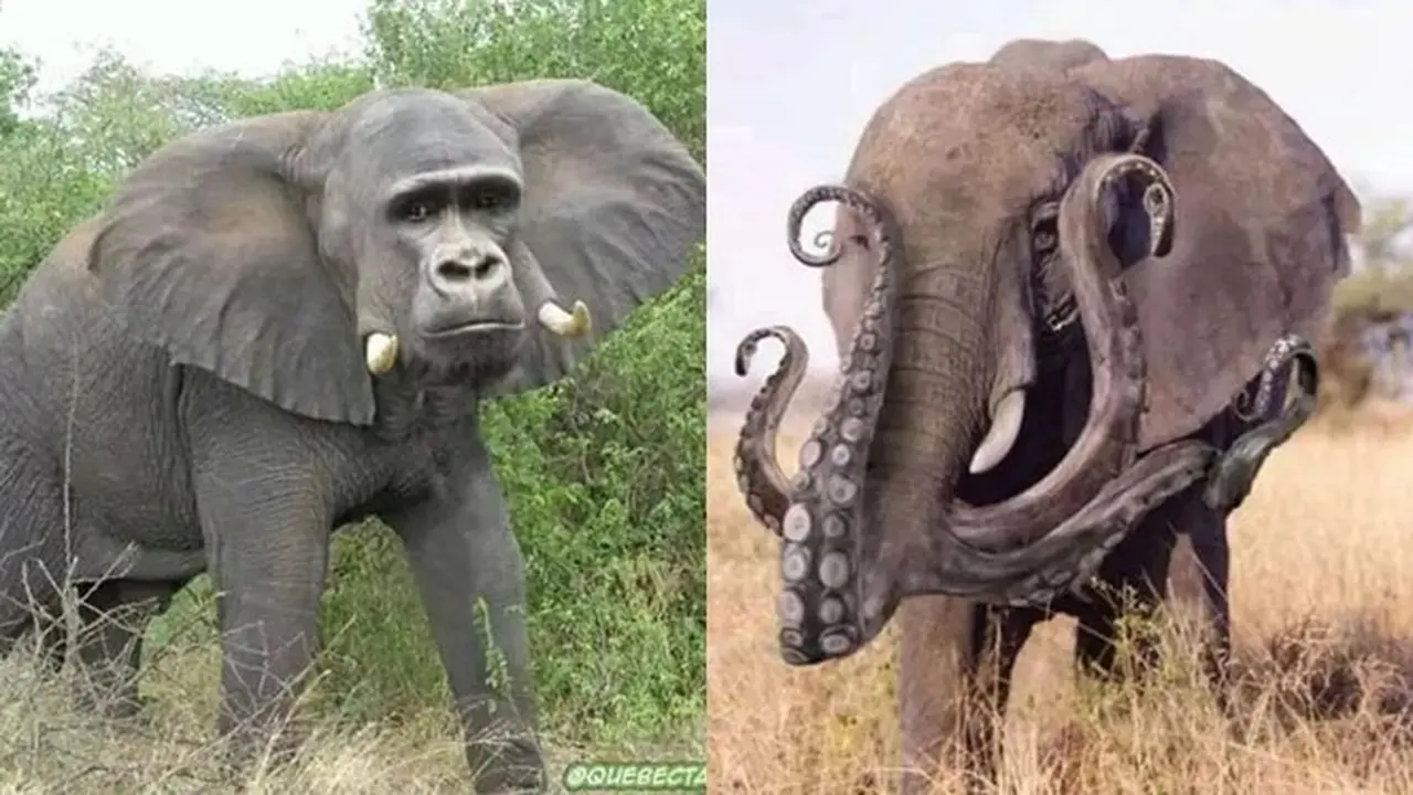 6 Editan Foto Gajah dengan Hewan Lain Ini Absurd, Bikin Ngakak