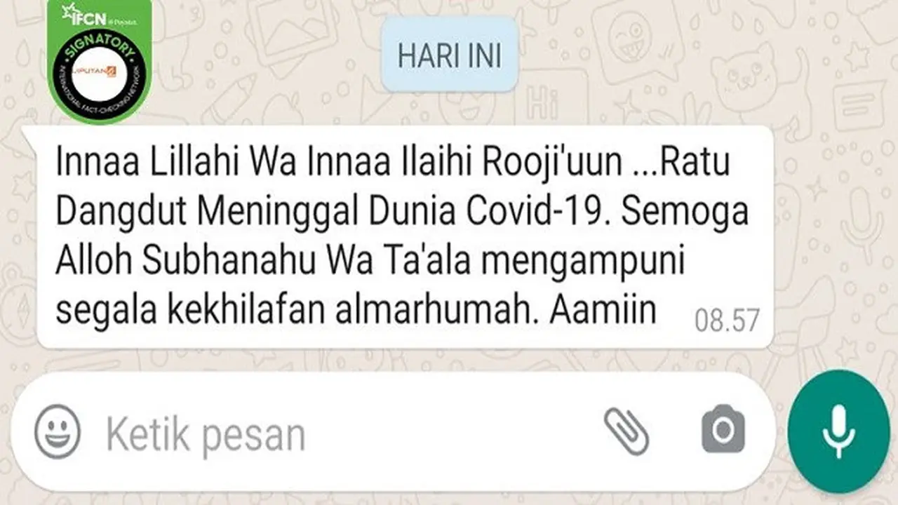 Gambar Tangkapan Layar Kabar Hoaks tentang Elvy Sukaesih Meninggal Dunia (sumber: WhatsApp)