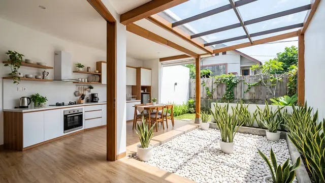 Desain Dapur Terbuka dengan Taman Kering Anti Ribet