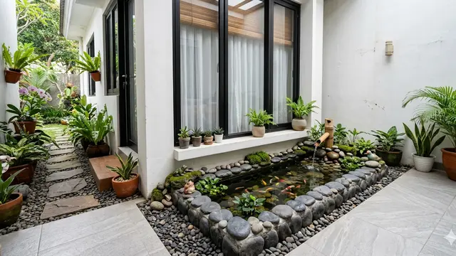 Desain Kolam Ikan Bawah Jendela Ruang Tamu yang Estetik dan Hemat Tempat